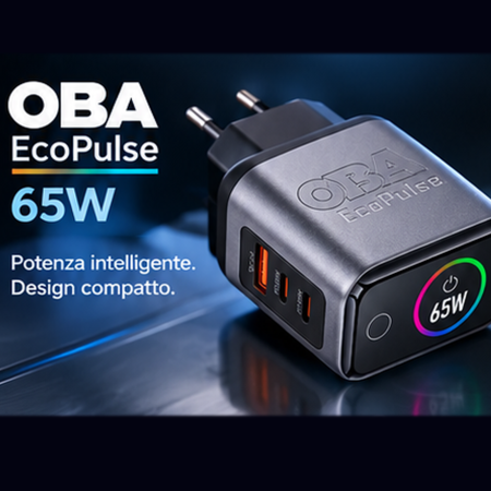 OBA EcoPulse 65W: Il Caricabatterie Rapido GaN Multi-Porta ad Alta Efficienza Con display